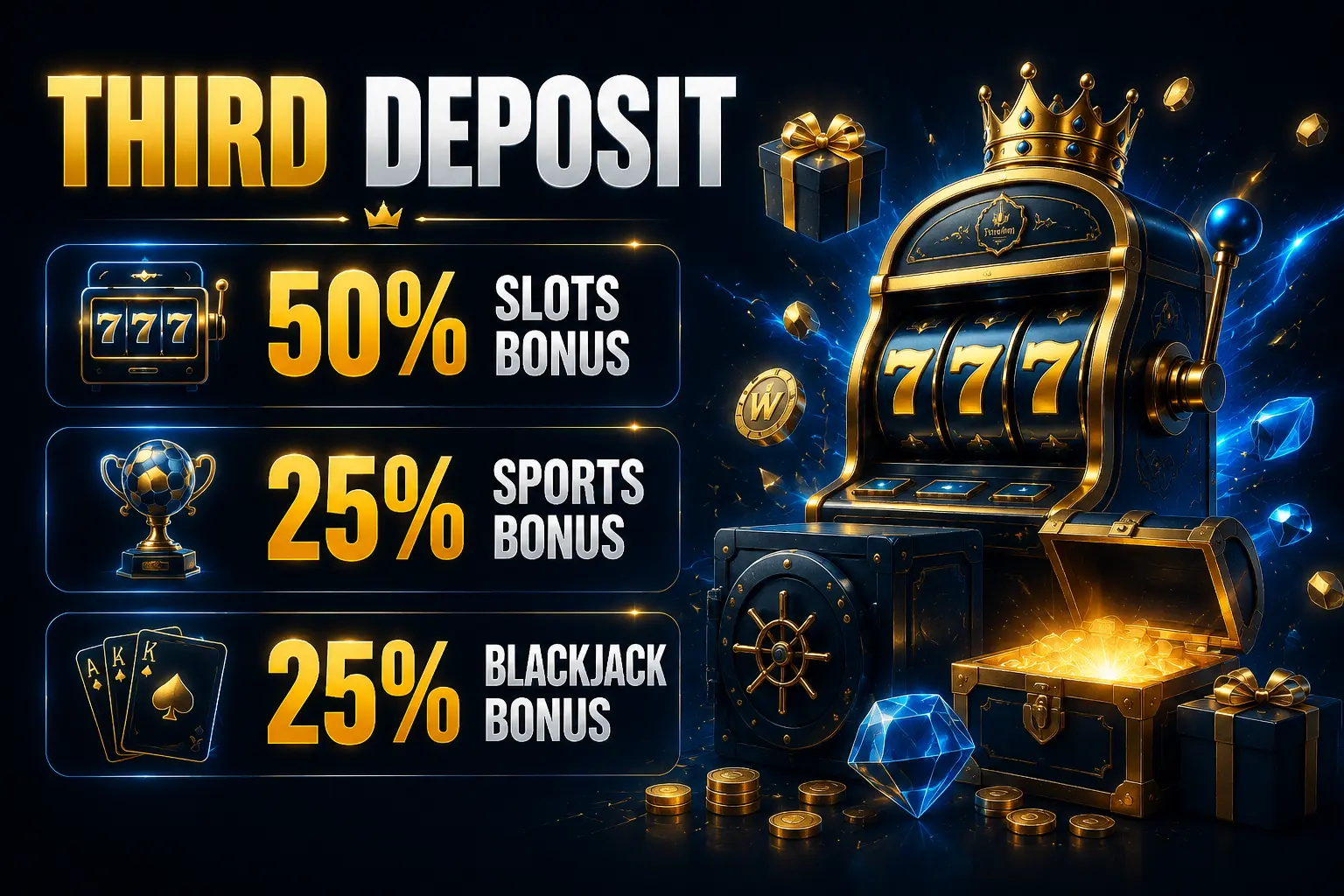 TrueWin Third Deposit bonus — 50% Slots, 25% Sports, 25% Blackjack